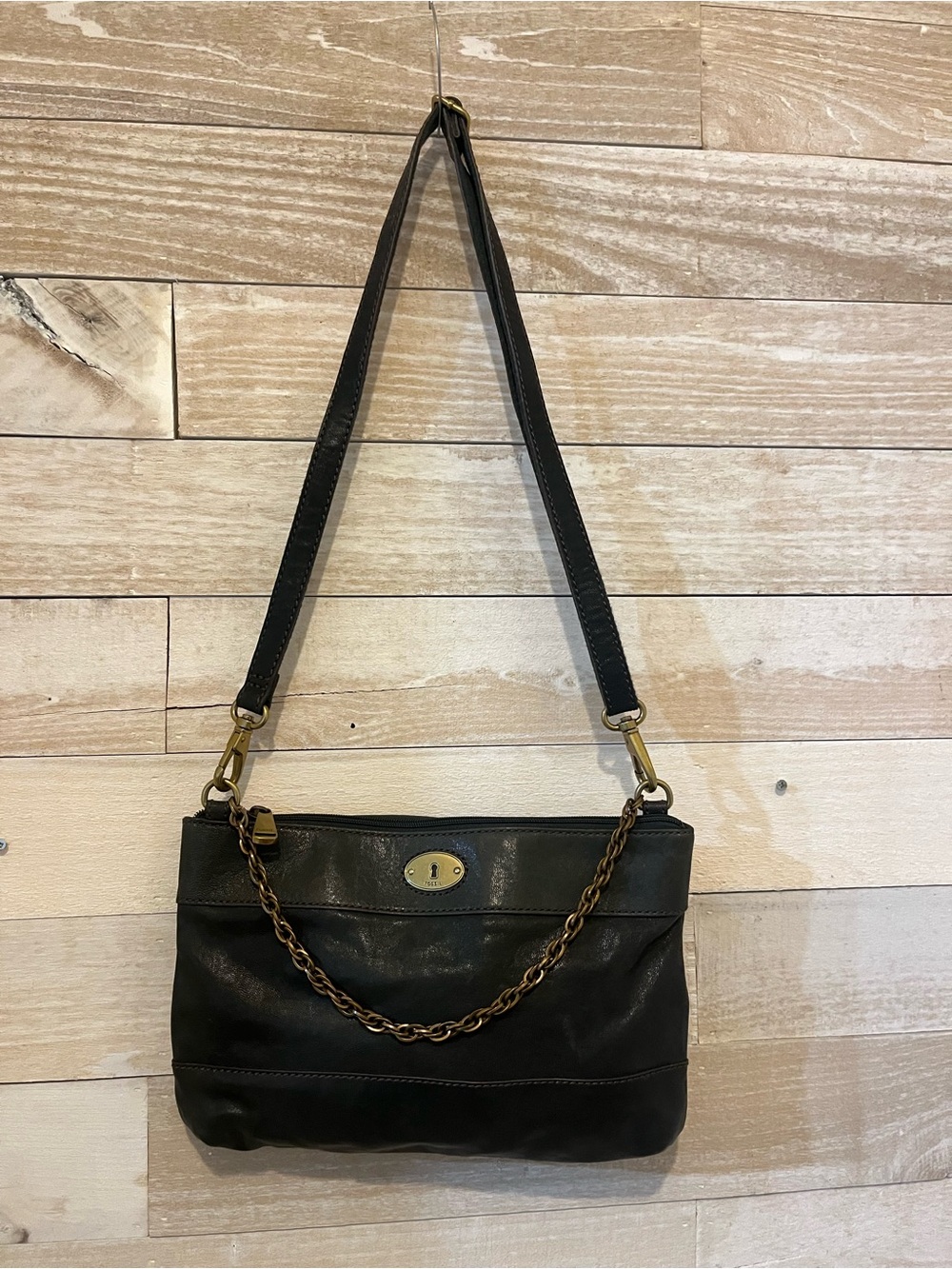 Fossil Black Leather Crossbody Bag with Brass Chain Accent
